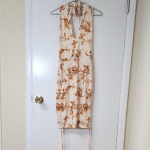 SHEIN Halter Neck Botanical Print Backless Dress - Cream & Tan